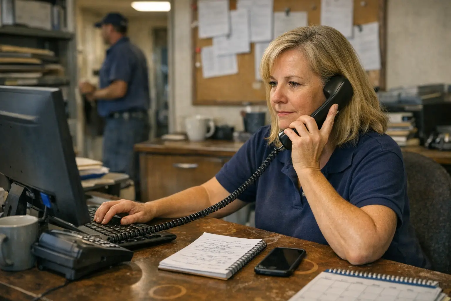 A small plumbing office’s front-desk intake process for a new customer call, with a dispatcher capturing details and deciding whether to...