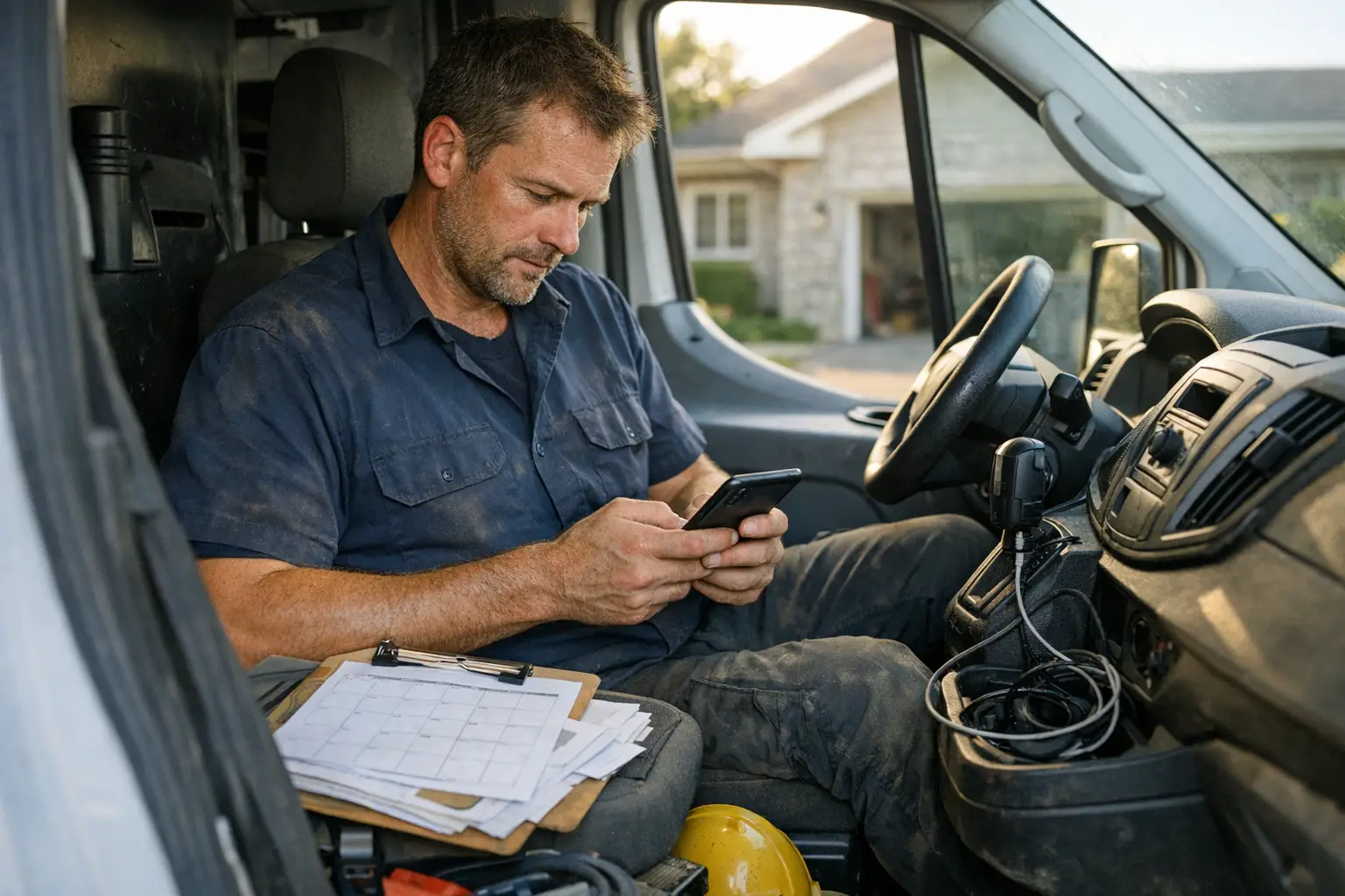 A busy home services contractor confirming and scheduling jobs from a smartphone in the truck between service calls
