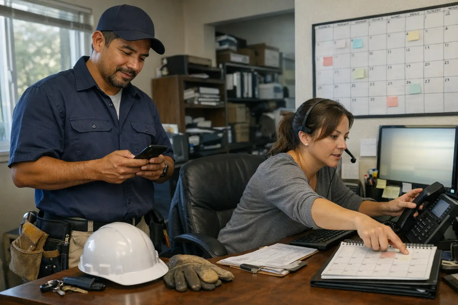 A busy home services office moment where a scheduler is juggling a missed call, a follow-up text, and a live calendar update so a job...