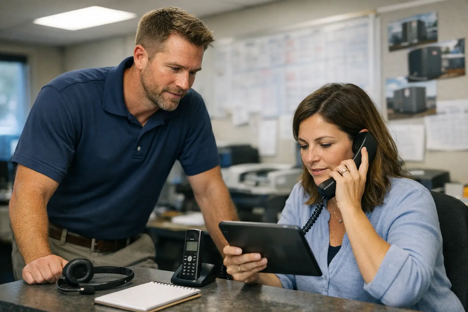 An HVAC technician and office coordinator handling a replacement proposal follow-up call sequence right after a quote was sent
