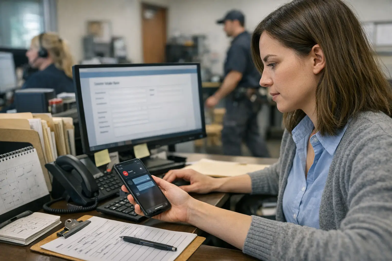 A home services office coordinator reviewing a new lead that has arrived through multiple channels to prevent duplicate job records