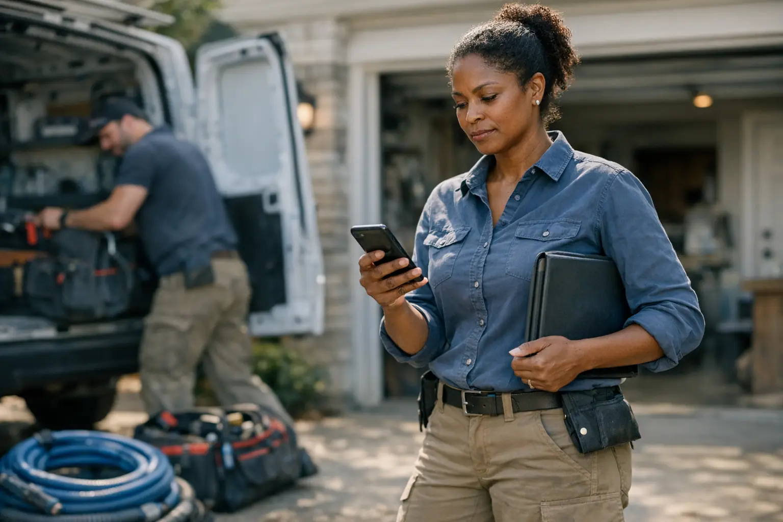 A home services technician on a job site rapidly handling a new customer request on a phone while another service call is being managed...