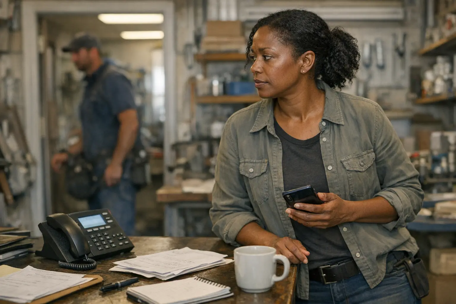 A small plumbing shop owner and dispatcher handling a missed call and callback intake at a workbench in the shop office